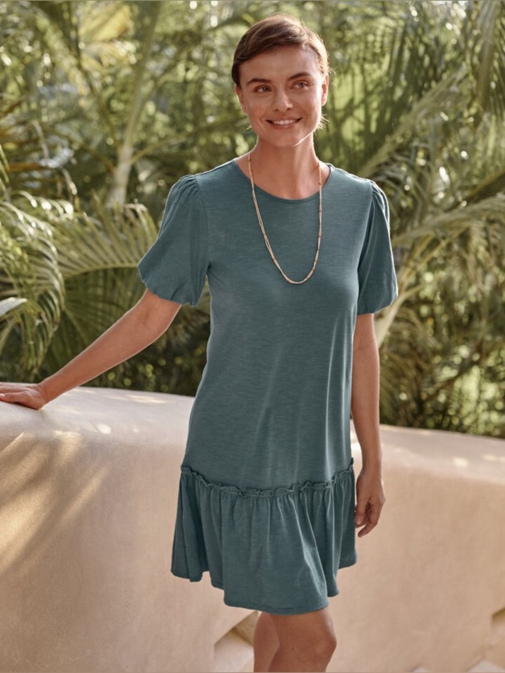 Garnet Hill Organic-Cotton & TENCEL Ruffle-Detail Dress Dark Mint Size Medium